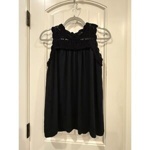 Ann Taylor Black Flowy Crochet Lace Trim Sleeveless Blouse Women's Sz S‎